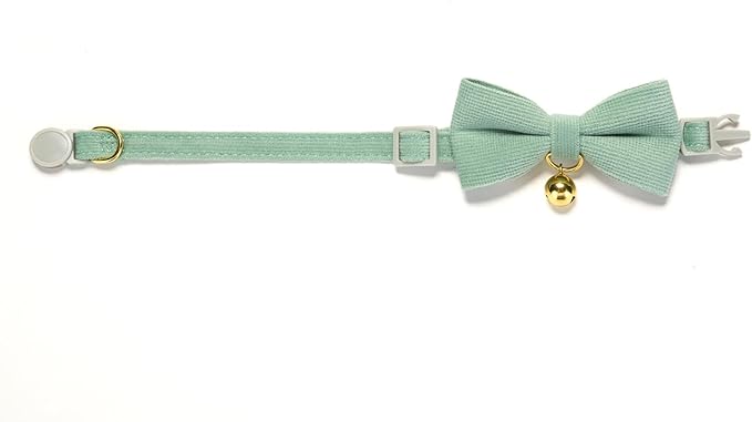 Cotton Breakaway Kitten Collar with Bow Tie and Bell Adjustable Cute Soft Corduroy Cat Collars for Small Cats(Grass Green,XS)