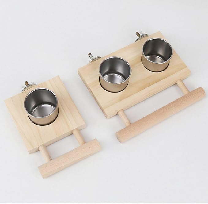 Bird Food Stainless Steel Cups Wooden Perch Stand Hanging Feeder Bowls Feeding and Watering Supplies for Parakeets Conures Cockatiels Budgie Parrot (L)