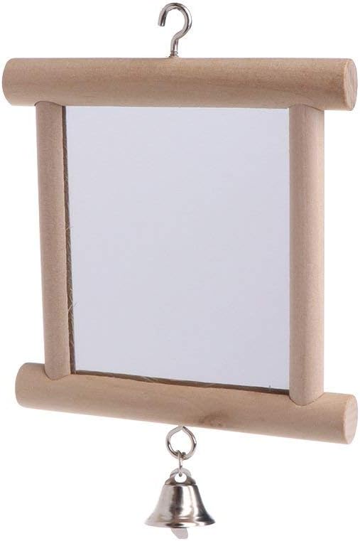 Bird Mirror Wooden Hanging Swing Interactive Play Toys for Small Parrot Budgies Macaw African Grey Parakeet Cockatiel Conure Lovebird Cage Accessories (Bird Mirror with Bell-2 PCS)