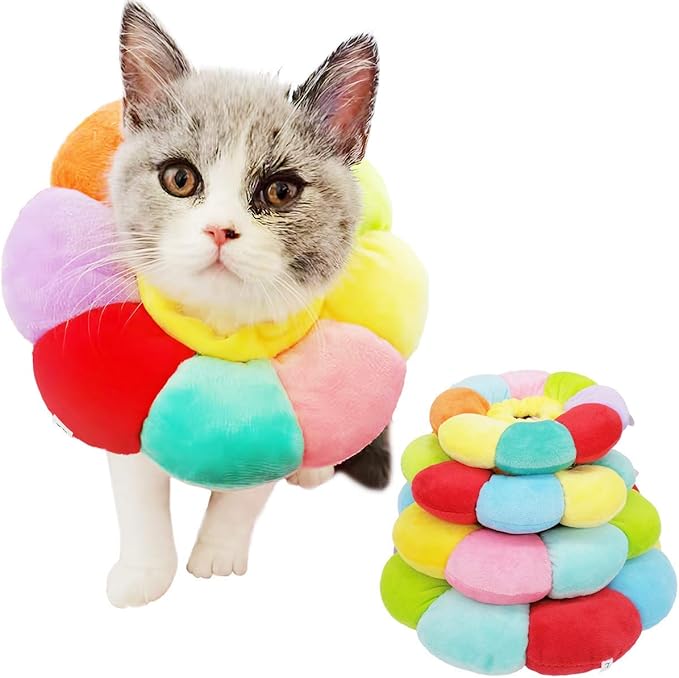 KUDES Cat Small Dog Recovery Collar, Cute Neck Cone After Surgery, Adjustable Pet E Collar, Wound Healing Protective Cone Surgery Recovery Elizabethan Collars for Small Pet (L(Within 14lb), Colorful)