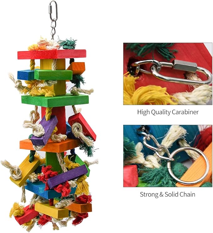 RUBY.Q Large Parrot Toy, 20in Bird Parrot Toy, Multicolored Natural Wooden Bird Chewing Toys for Large Macaws, African Grey and a Variety of Amazon Parrots