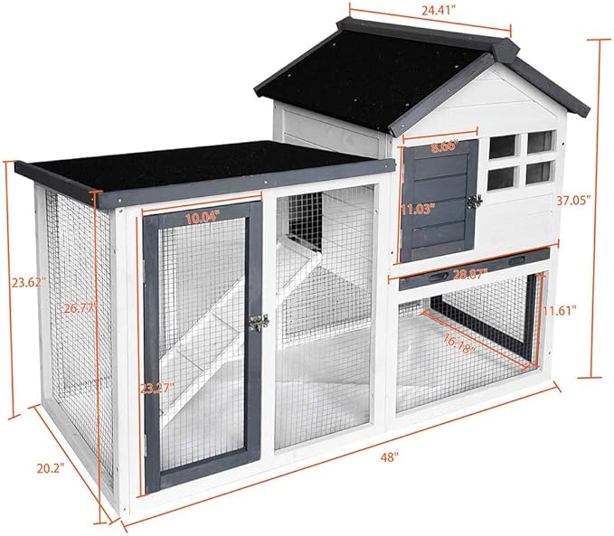 BIRASIL Wood Rabbit Hutch, Guinea Pig Cage with Pull Out Tray, 2 Levels Bunny House for Small Animals Outdoor Indoor (Gray, 48 Inch)
