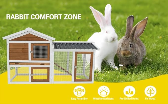58" Wooden Outdoor Indoor Roof Waterproof Bunny Hutch Rabbit Cage Guinea Pig Coop PET House for Small to Medium Animals with Stairs and Cleaning Tray