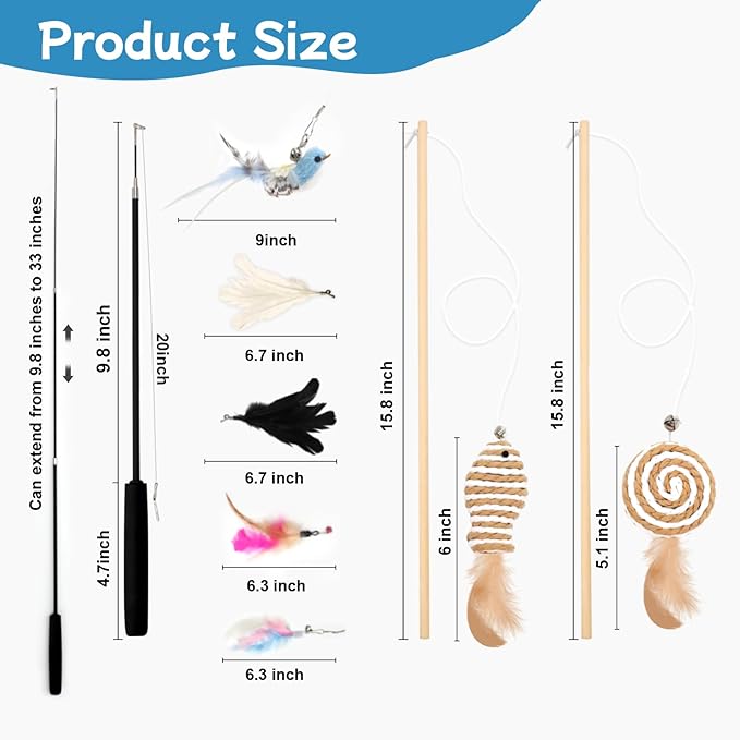 8 Pack Cat Wand Toy Cats Toy (2 Solid Wood Teases+1 Extendable Teaser Wand with 5 Replacement Heads