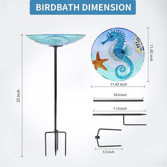 MUMTOP Bird Baths for Outdoors, Glass Birdbath Birdfeeder Bowl with Metal Stake for Outside Garden Yard Lawn Seahorse Decor