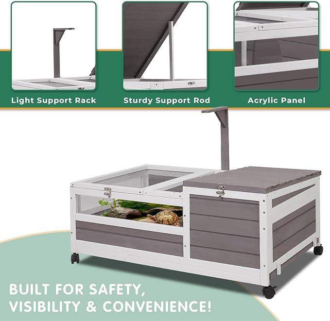 Tortoise Habitat Tank Indoor Outdoor, Wooden Tortoise House with Wheels, 2-Room Reptile Turtle Enclosure Cage for Small Animals, Lamp Holder, Leakproof Tray, Grey