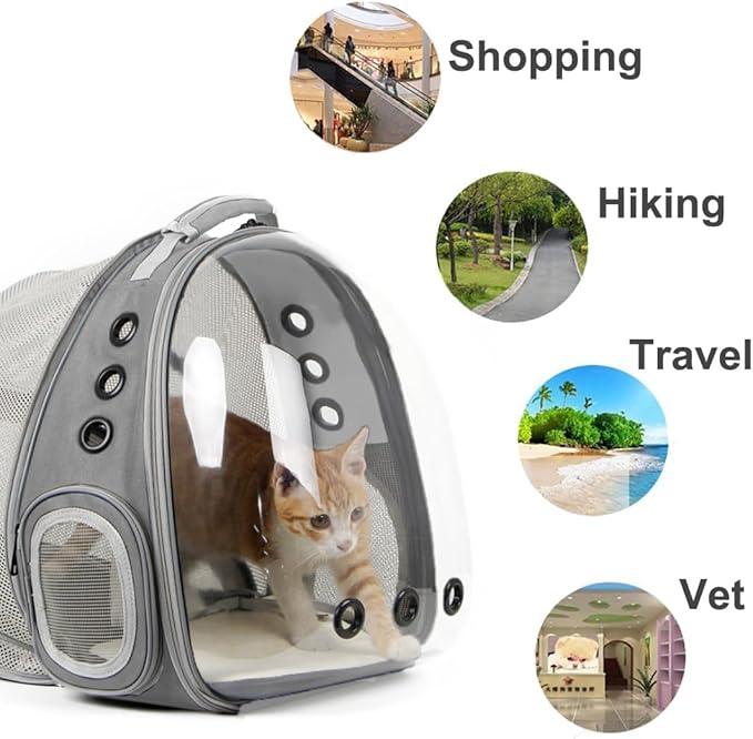 halinfer Back Expandable Cat Backpack Carrier, Fit up to 12 lbs, Space Capsule Bubble Window Pet Carrier Backpack for Kitten Bunny Rabbie and Small Puppy Grey