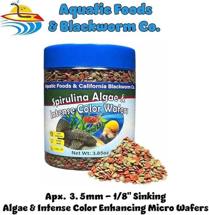 Aquatic Foods Inc. 3.5mm - 1/8" Micro Sinking Wafers of Spirulina, Algae & Color Enhancing Wafers for Bottom Fish, Shrimp, Snails, Tropicals. 4-Type Wafer & 12-Type Pellets Included 6oz Canister