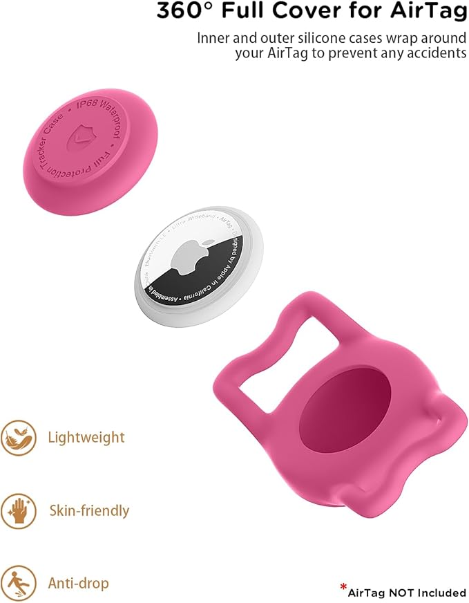 IP68 Waterpoof Dog Airtag Holder, Stretchy Silicone Full Body Covered Apple Air Tag Holder for Dog Cat Collar Fit All Width Collar (Pink/Rose, 2 Pack)