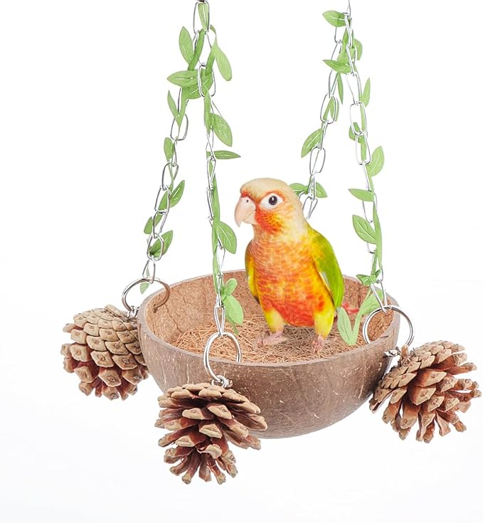 Bird Natural Coconut Nest Sugar Glider Hanging Swing Toy with Coconut Fiber Mat for Small Bird Parrot Parakeet Sugar Glider