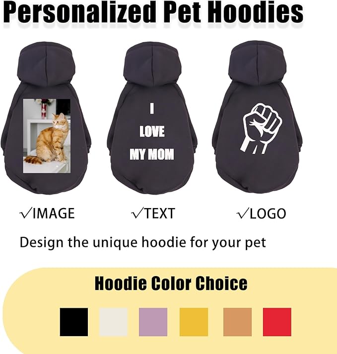 Custom Dog Hoodie, Personalized Sweatshirt with Photo Text Name Logo, Customized Hooded Sweater for Small Medium Large Dogs & Cats (Black, Small)