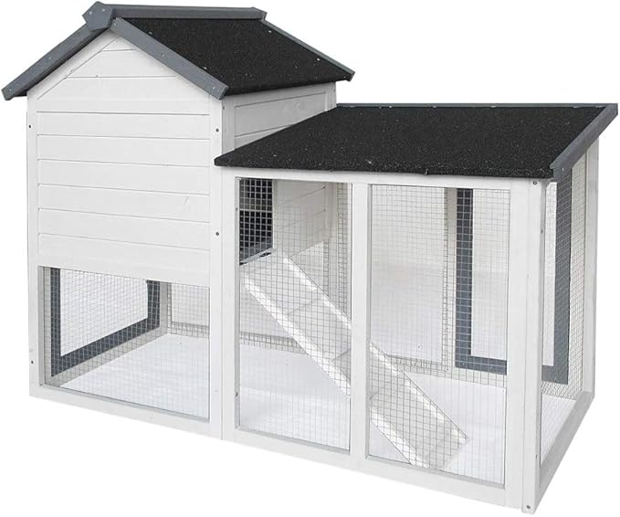 BIRASIL Wood Rabbit Hutch, Guinea Pig Cage with Pull Out Tray, 2 Levels Bunny House for Small Animals Outdoor Indoor (Gray, 48 Inch)