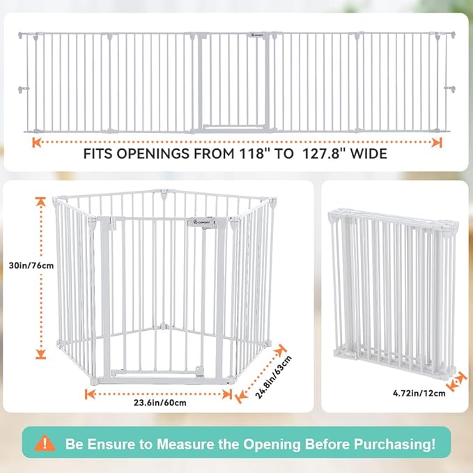 COMOMY 127.8" Extra Wide Baby Gate, Dog Gate for House Stairs Doorways Fireplace, Auto Close Pet Gate with Door Walk Through, 5 Metal Panels, Hardware Mounted Baby Fence Indoor Outdoor(30" Tall,White)