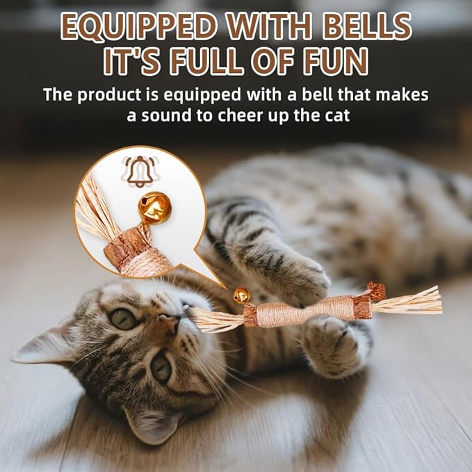 Natural Dried Matatabi Cat Chew Stick with Gall Fruit, Raffia Grass & Bell Cat Ball Toys, Handmade Silvervine Sticks Interactive Catnip Toys for Teething & Entertainment (Size M Color D)