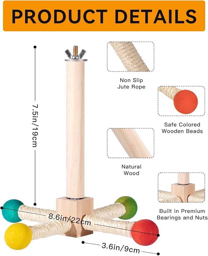 Bird Stand Perch Toy, 360° Wooden Spinning Toy for Parrots, Fun Cage Toy Accessory, Suitable for Budgies, Cockatiels, Lovebirds, Parakeets, Finches and Other Small to Medium Birds