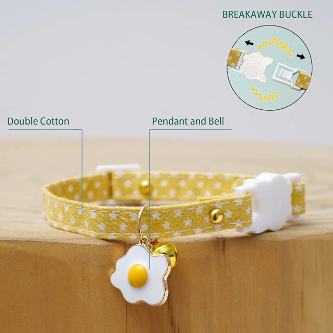 2 Pack Star Cotton Breakaway Cat Collars with Bell Egg Cat Paw Pendant Kitty Kitten Collars Yellow Purple Collar for Female Girl Cats Male Boy Cats