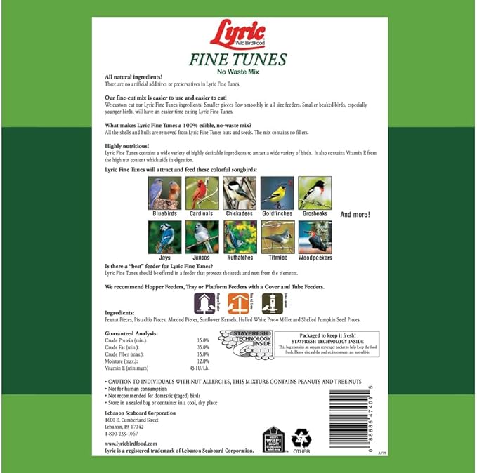 Lyric Fine Tunes Wild Bird Seed, No Waste Bird Food Mix, 5 lb. Bag. See the attached screenshot and the variated size for a consistent and positive customer experience.