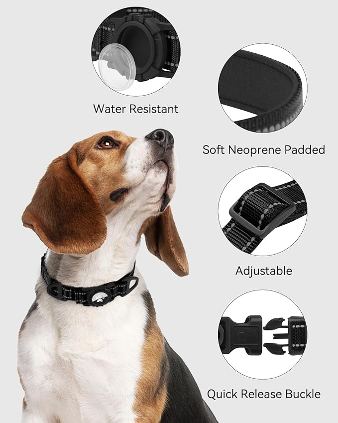 Joytale Airtag Dog Collar, Reflective Pet Collar with Waterproof AirTag Holder, Dual D-Rings, Soft Padded Adjustable for Extra Small and Puppy Dogs, Black, XS