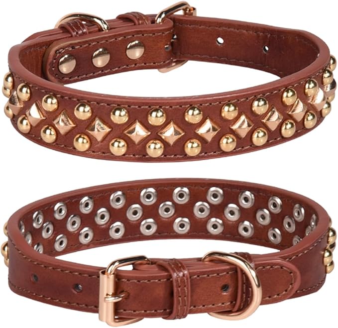 Spiked Dog Collar Soft Pu Leather Mushrooms Rivet Spike Studded Puppy Adjustable Pet Collars for Small Breeds (L, Brown3)