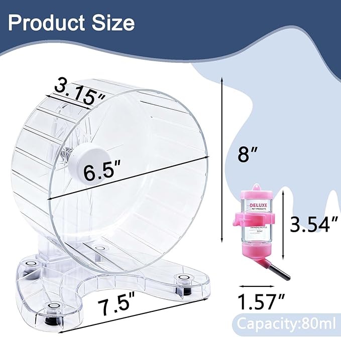 6.5" Super Silent Hamster Wheel with Stand & Water Bottle – Ultra Quiet Exercise Running Wheel for Gerbils, Syrian & Dwarf Hamsters, Chinchillas, Small Pets – Noiseless Spinning Design, Clear