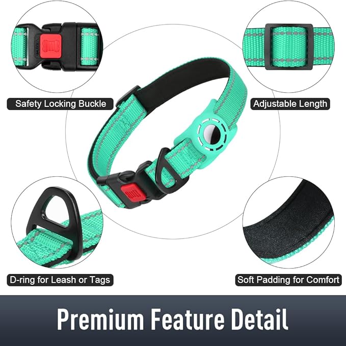 Airtag Dog Collar with AirTag Holder for Medium Dogs, Reflective, Soft Padded & Safety Locking Buckle, Nylon Pet Collars Adjustable for All Breeds, Teal,M
