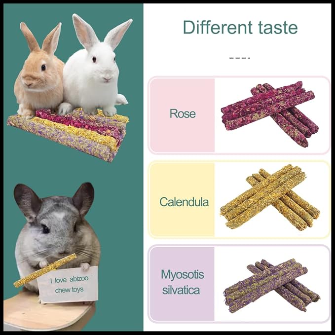 Abizoo 16 Packs Bunny Flower Chew Toys, Natural Rabbit Sticks + Herbal Floral Scent Timothy Hay Treats for Guinea Pig Chinchilla Hamster Rat Degus Gerbil Food Molar Cage Accessories Snack