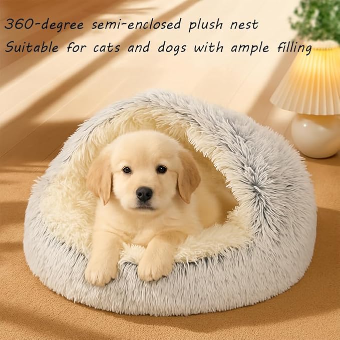Plush Fluffy Dog and Cats Round Bed, Ultra-Soft Plush with Raised Rim, Non-Slip Bottom, Plush Cat Bed with A Cover, for Small Dogs and Cats (Brown, Small)