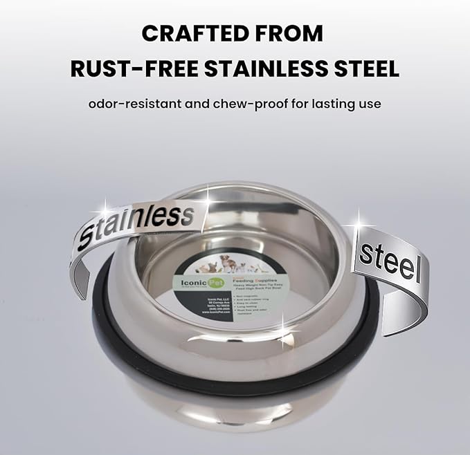 ICONIC PET 2 Cup/16 Oz Heavy Weight Non-Skid Stainless Steel High Back Pet Food/Water Bowls with Removable Anti Skid Rubber Ring - Dog/Cat Feeding Bowl in Unique Design, Dishwasher Safe