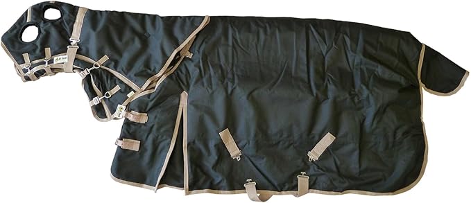 AJ Tack 1200D Waterproof Winter Horse Blanket with Hood - 400g Heavyweight Turnout with Fleece Collar, Shoulder Gussets & Tail Flap - Black 84"