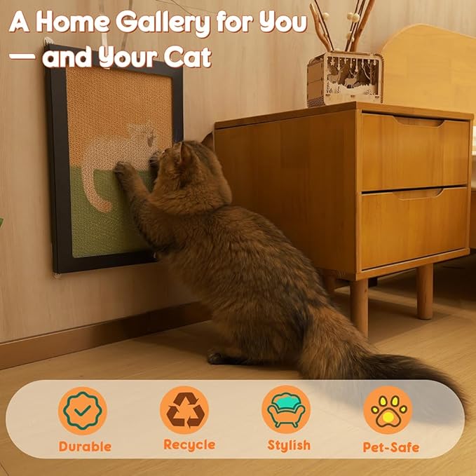 Wall Art Cat Scratcher, Decorative Vertical Cat Scratching Board, 17x12 Framed Cardboard Scratch Pad with Renter-Friendly No-Drill Wall Mount, Indoor Cat Toy & Furniture Protector(Yawning Kitty) 1