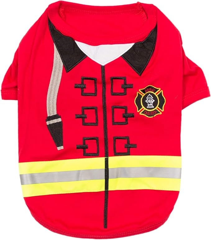 Parisian Pet Embroidered Dog Firefighter Costume - 100% Cotton and Polyester - Sleeved Pet Shirt - Red - XL