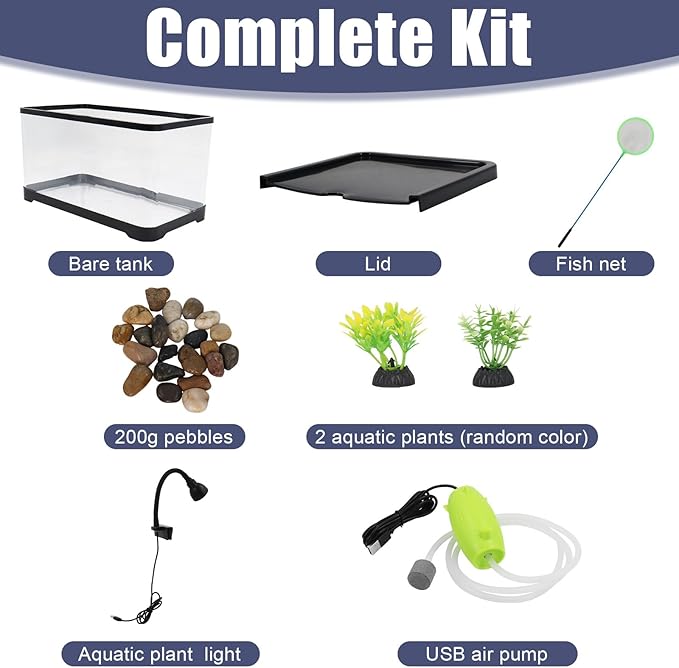 5 Gallon Fish Tank for Betta Guppy Shrimp, Small Aquarium Starter Kit for Home Office with Clear Glass Design, Peceras para Peces con Luz Fish Net Booster Pump Aquatic Plants Pebbles by MCCKLE
