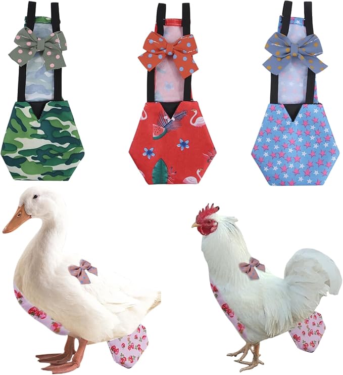 MANON ROSA Chicken Diapers Bantam Hens - Reusable 3-Piece Set with Bow Ties Poultry Nappies Washable Waterproof for Geese Pet Ducks Silkie (Graphic L)