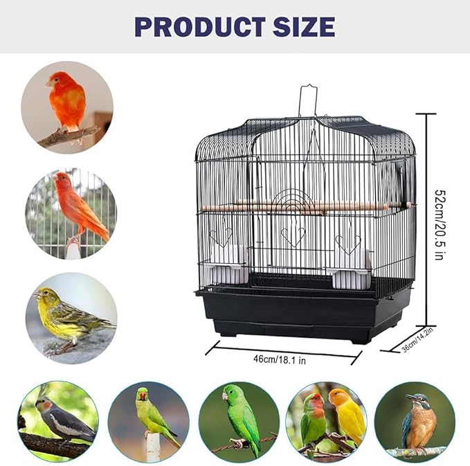 20.5"x18.1"x14.2" Portable Bird Travel Cage with Handle, Metal Carrier with Food Container, Wooden Perch & Pull-Out Tray for Small Parrots, Canaries, Cockatiels, Lovebirds, Conures