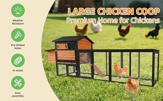 KEIKI 113" Wooden Chicken Coop with Run, Large Outdoor Hen Cage with Nesting Box and Predator-Proof Lock, Waterproof Anti-UV Roof Rabbit Hutch for Backyard Poultry, Brown