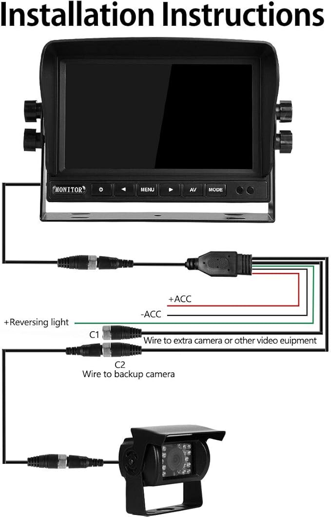 RV Backup Camera and Monitor Kit(12-24V) 7inch HD Monitor Reversing +2 Rear View Camera 170°Wide Angle,18IR Night Vision,Waterproof IP68，Dual Back up Camera for Truck/Trailer/Van/Camper/Vehicles.