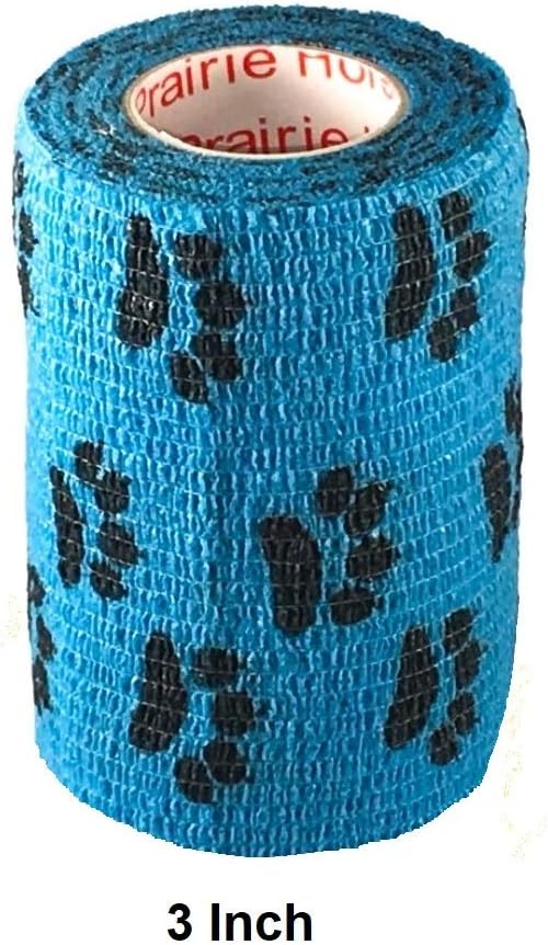 Vet Wrap Wrap Tape (Blue with Paw Prints) (2 Pack) (3 Inch x 15 feet) Self Adhesive Adherent Adhering Cohesive Flex Self Stick Bandage Grip Roll Dog Cat Pet Horse