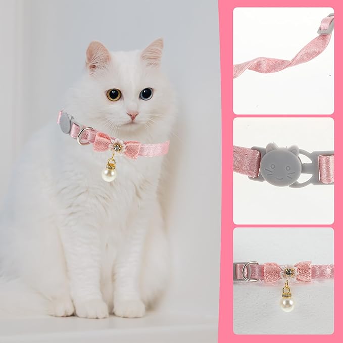 Cat Collar Breakaway, Cat Collar with Pearl Pendant Quick Release Safe Buckle Pink Bowtie Adjustable Baby Kitten Collars Cute Cat Collar for Girl Cat (Style2)