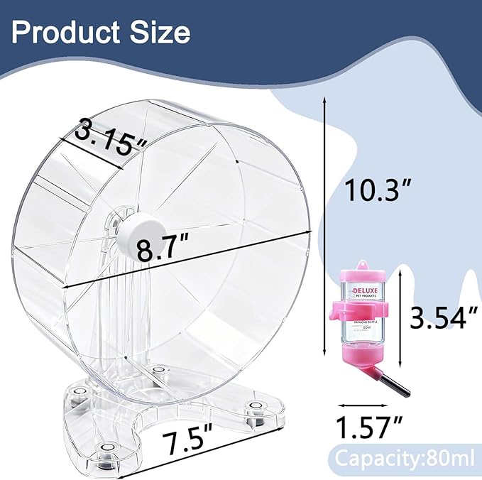 8.7" Super Silent Hamster Wheel with Stand & Water Bottle – Ultra Quiet Exercise Running Wheel for Gerbils, Syrian & Dwarf Hamsters, Chinchillas, Small Pets – Noiseless Spinning Design, Clear