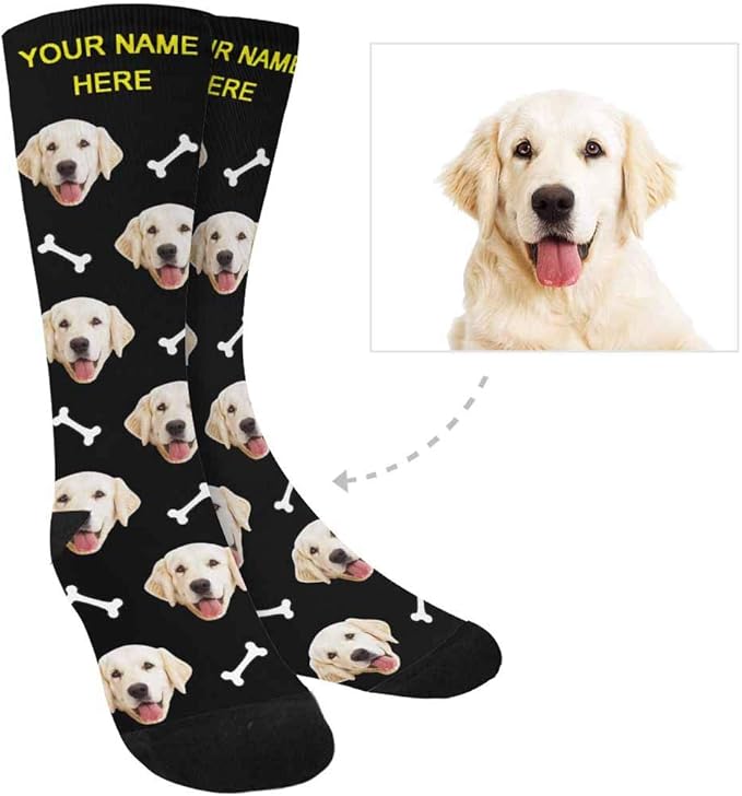 MyPupSocks Custom Personalized Photo Pet Face Socks, Cat and Dog Tracks Paws Bones Crew Socks with Picture for Men Women