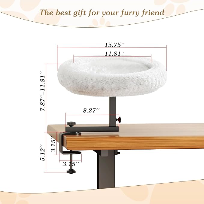 Adjustable Cat Desk Bed, 360° Rotatable Elevated Desk Cat Bed for Home Office, Space-Saving Design Table Supports Up to 60 lbs, Soft Faux Fur Bed with Removable Washable Cover (Beige)