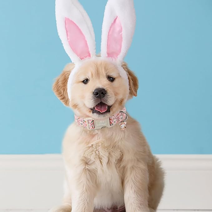 Easter Dog Collar for Large Dogs - Pink Girly Bunny Dog Collars, Cute Girl Dogs Easter Collar, Adjustable Female Spring Holiday Pet Collars with Quick Release Buckle L