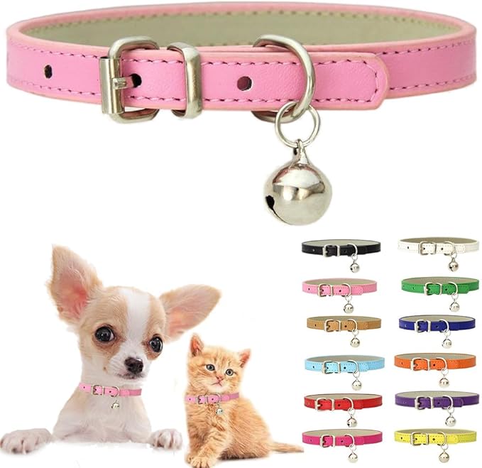 Pink XS Dog Collar with Bell, Soft Pu Leather Cat Collars Adjustable Buckle for XXS Extra Small Medium Tiny Female Girl Pets Puppy Kitten Teacup Yorkie X-Small