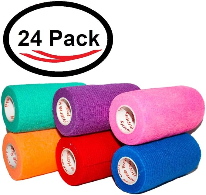 3 Inch Vet Wrap Tape Bulk (Assorted Colors) (Pack of 24) Self Adhesive Adherent Adhering Flex Bandage Grip Roll for Dog Cat Pet Horse