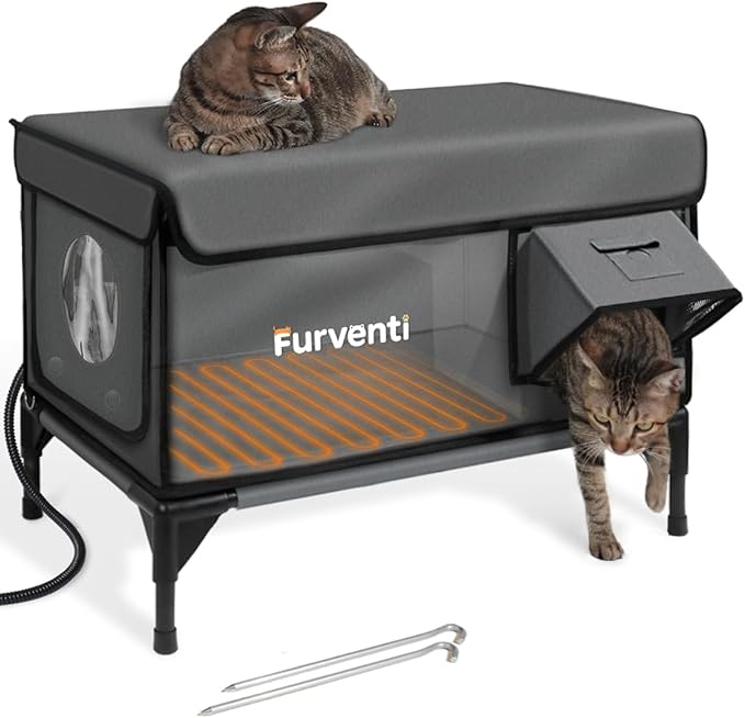 Outdoor Heated Cat House in Winter,Extremely Insulated & Weatherproof,Elevated Feral Cat Shelter with Waterproof Eaves & Escape Door for Outside Stray Barn Cat (Dark Grey,L.)