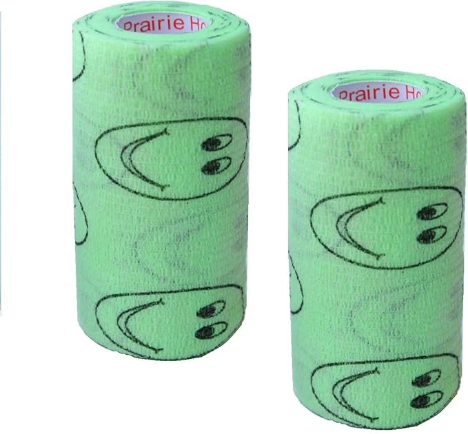 Vet Wrap Wrap Tape (Green with Smiles Pattern) (2 Pack) (3 Inch x 15 feet) Self Adhesive Adherent Adhering Cohesive Flex Self Stick Bandage Grip Roll Dog Cat Pet Horse