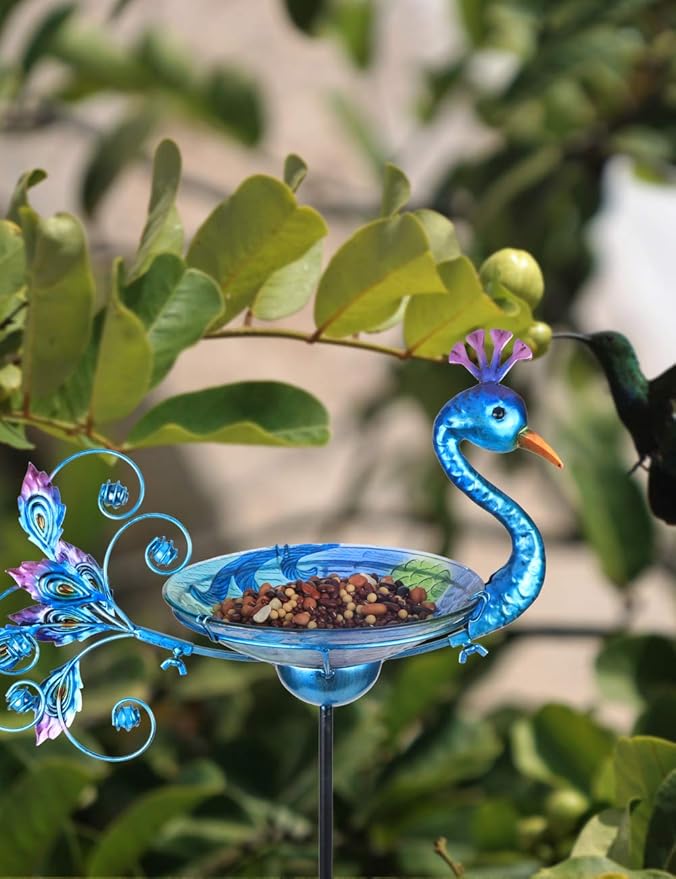 MUMTOP Outdoor Bird Bath Solar Birdbath Small Birdfeeder with Peacock Metal Stake for Garden Yard Decor