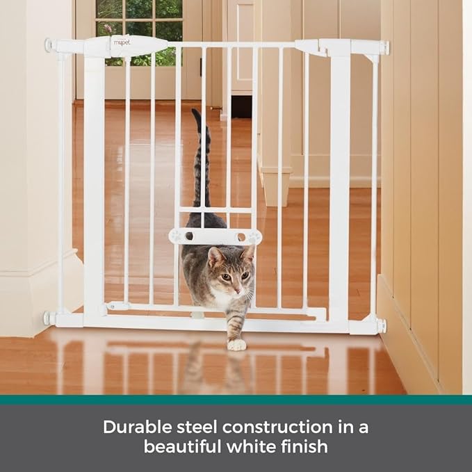 MYPET North States Wide Walk Thru EasyPass Pet Gate with Patented Adjustable pet Door: 29.75-37.5" Wide Dog Gate. Pressure Mount, No Tools Needed. Dog Gates for The House, 30" Tall, White