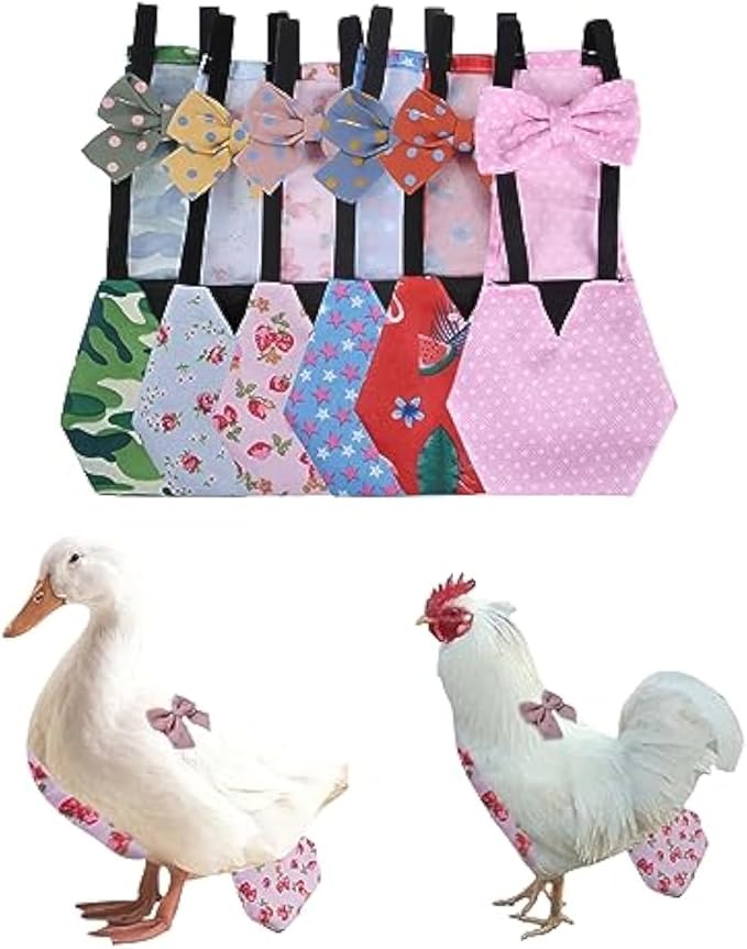 MANON ROSA Chicken Diapers Bantam Hens - Reusable 6-Piece Set with Bow Ties Poultry Nappies Washable Waterproof for Geese Pet Ducks Silkie (6D L)