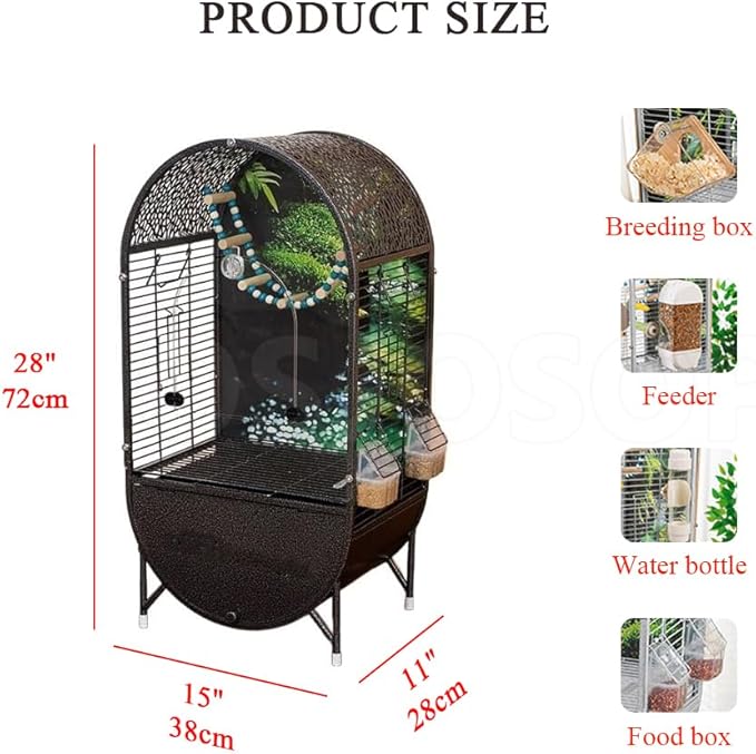 Dometop Bird Aviary with Transparent Door, Wrought Iron Bird Parrot Cage, Indoor Aviary for Small Parrots Parakeets Cockatiels (Black)